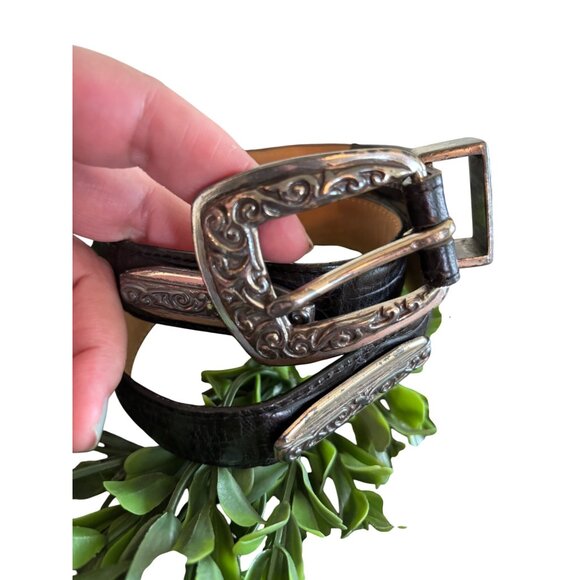 Brighton Embossed Black Leather Belt With Silver-Toned Scroll Buckle Women - Picture 7 of 13